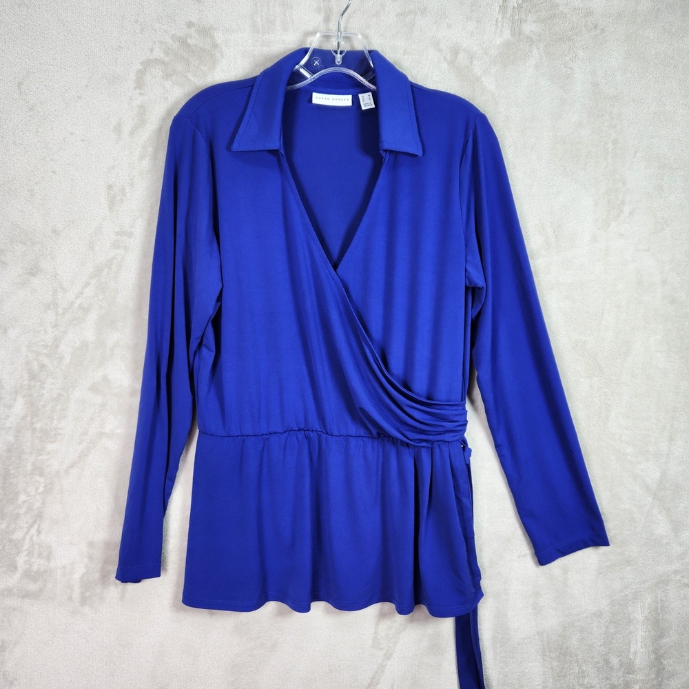 Susan Graver Wrap Top Womens Medium‎ Blue Peplum Long Sleeve V-Neck A673956